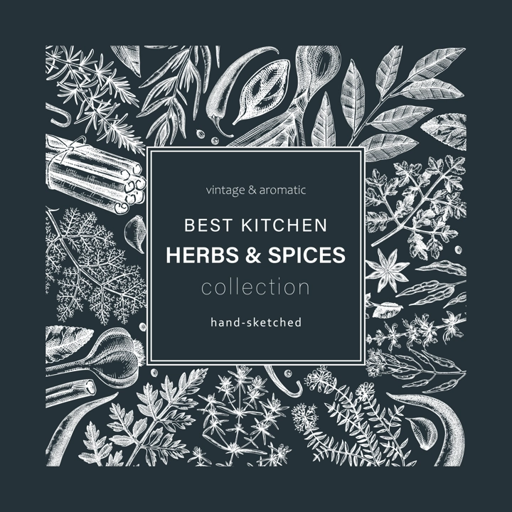 Hand-drawn herbs and spices wreath. Hand-sketched food card on chalkboard Vintage aromatic plants hand-drawing. Kitchen herbs and spice frame template in sketched style for menu or banners